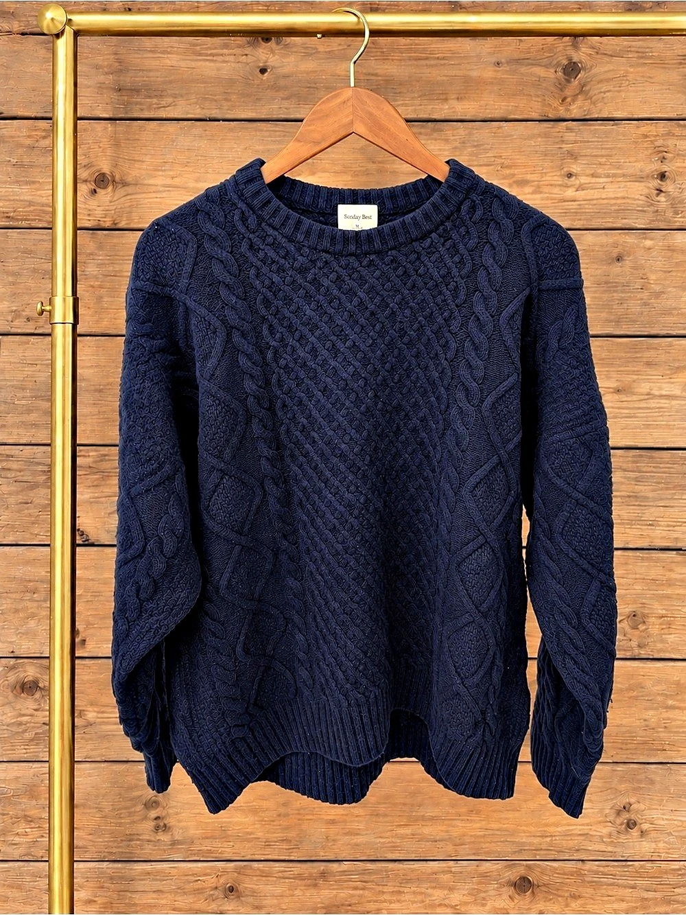 Sunday Best Peggy Sweater Cable Knit Crewneck Blue Medium